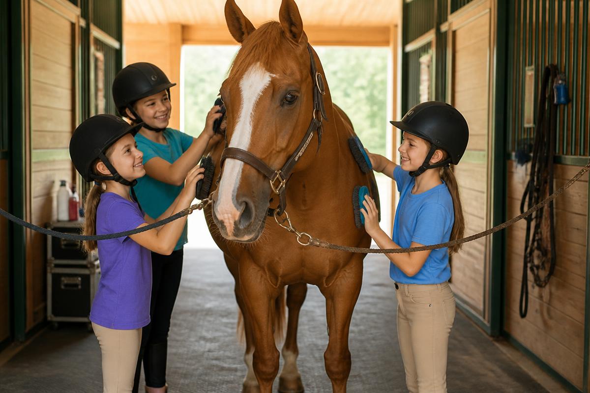 Three campers in riding helmets grooming a chestnut horse in the barn aisle